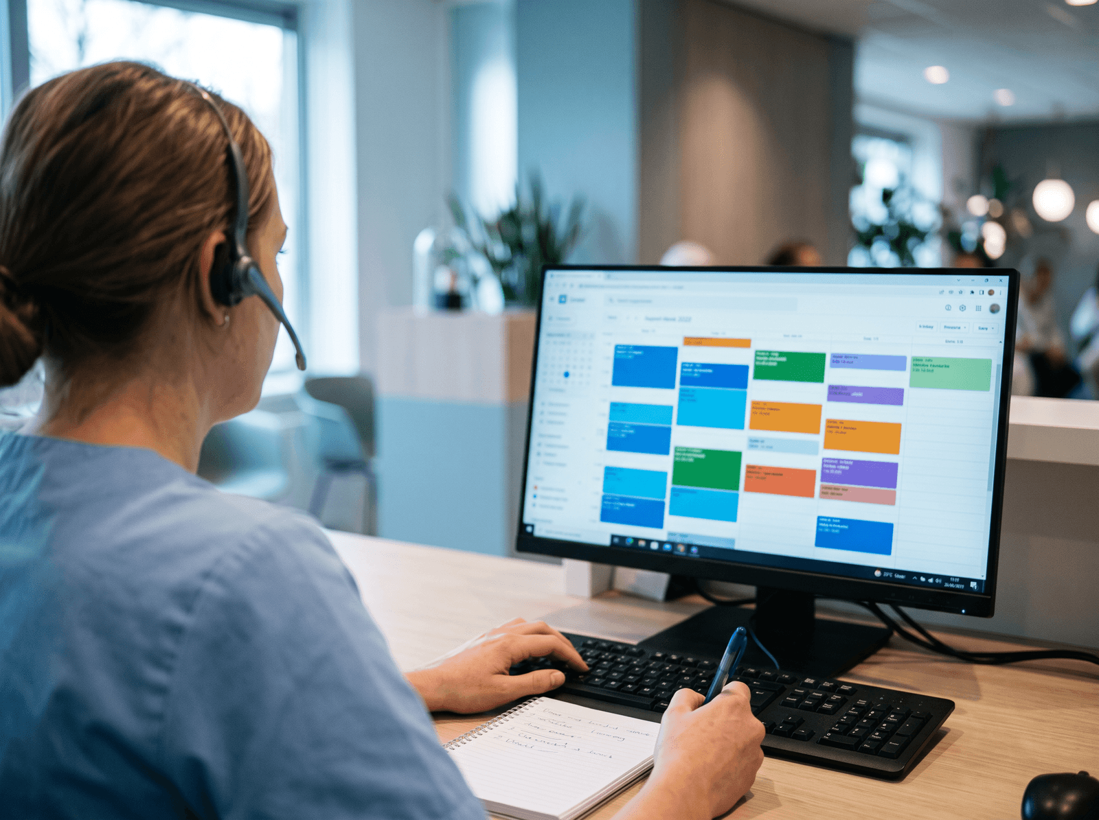 Baliemedewerker met headset bij het weekoverzicht van de praktijkagenda