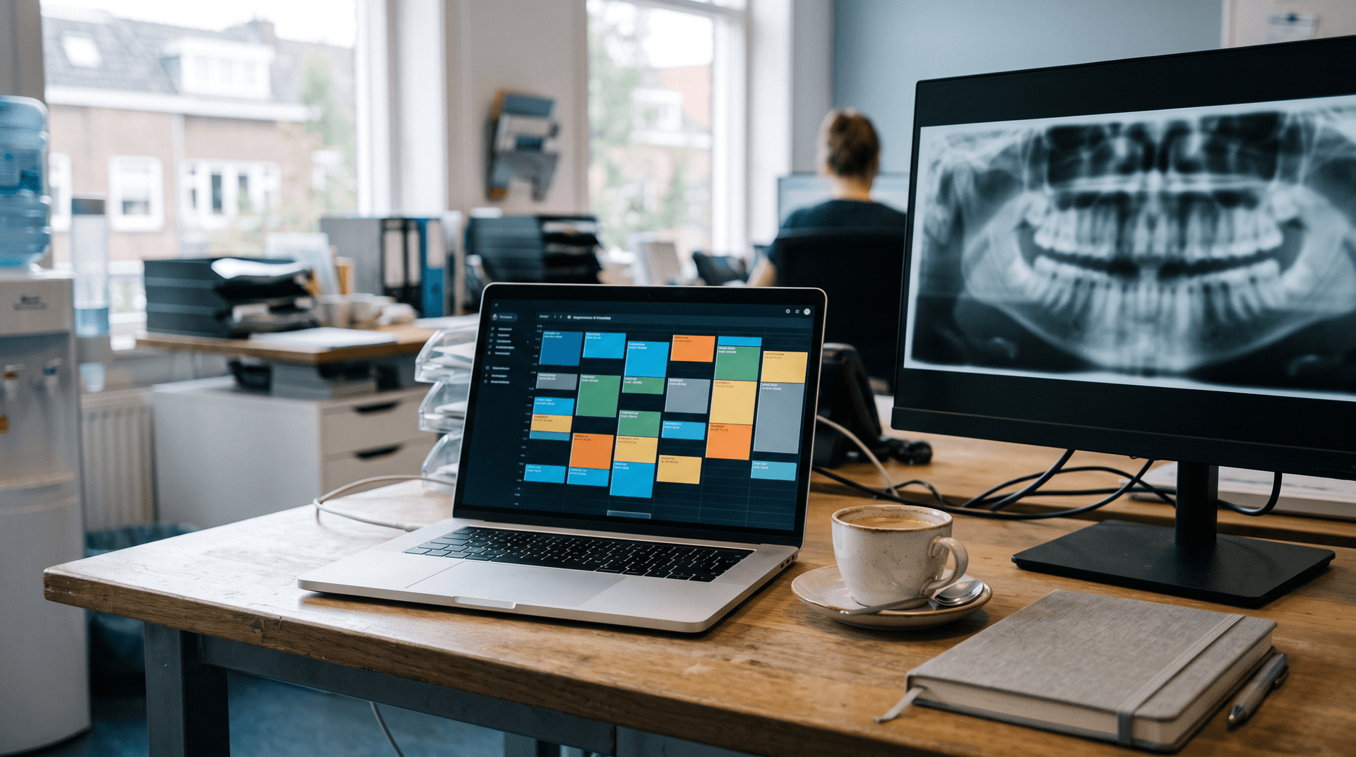 Bureau in de backoffice van een tandartspraktijk met een agendaoverzicht op de laptop en een röntgenfoto op het tweede scherm