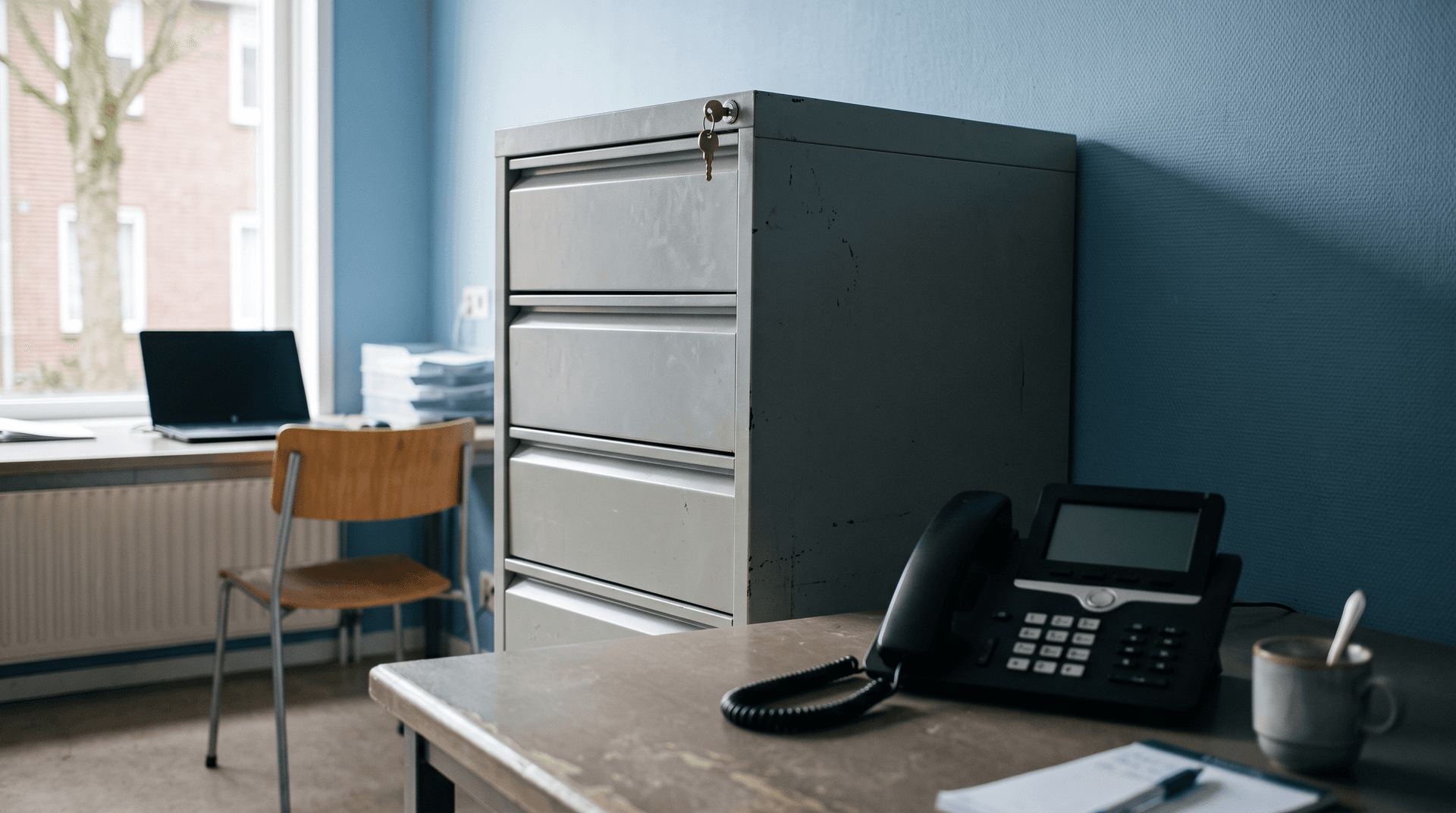 Afgesloten kast met patiëntendossiers in het kantoor van een tandartspraktijk