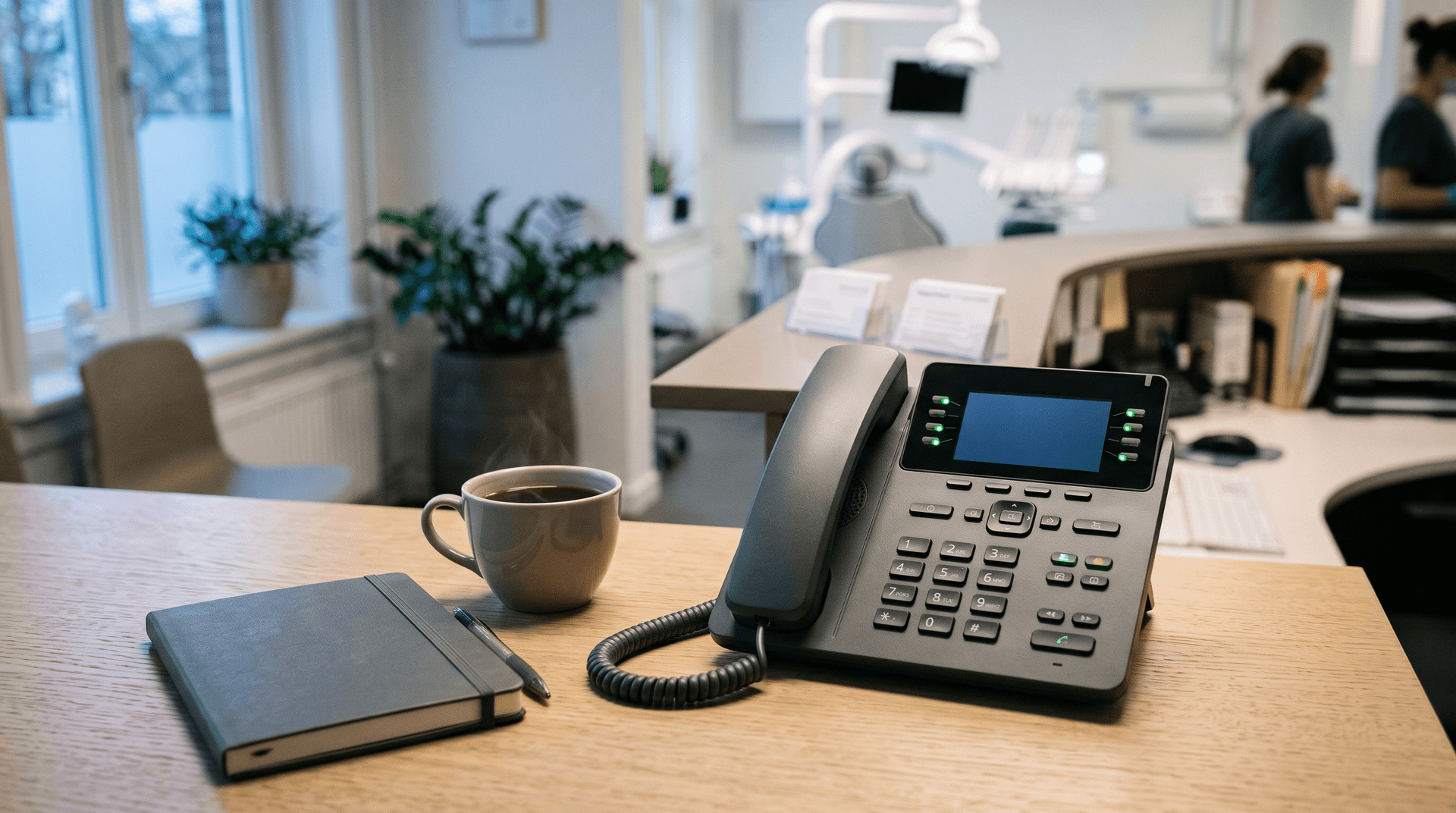 Bureautelefoon aan de balie van een tandartspraktijk met meerdere oplichtende lijnen in de ochtend