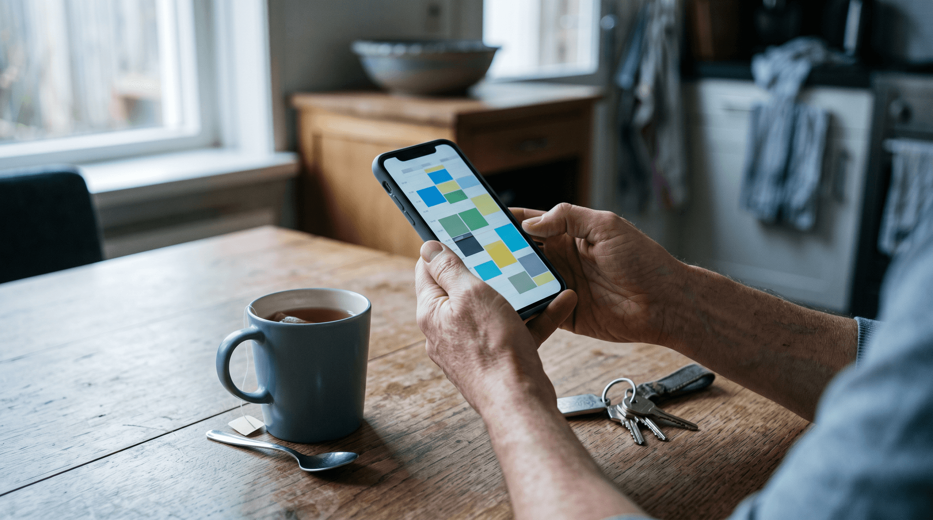 Patiënt plant aan de keukentafel op zijn telefoon zelf een controleafspraak bij de tandarts