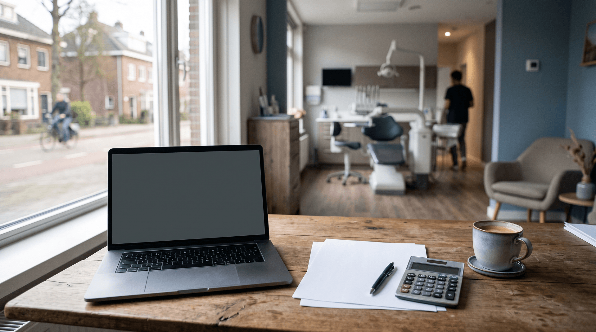 Bureau van een praktijkhouder met rekenmachine, overzichten en een laptop