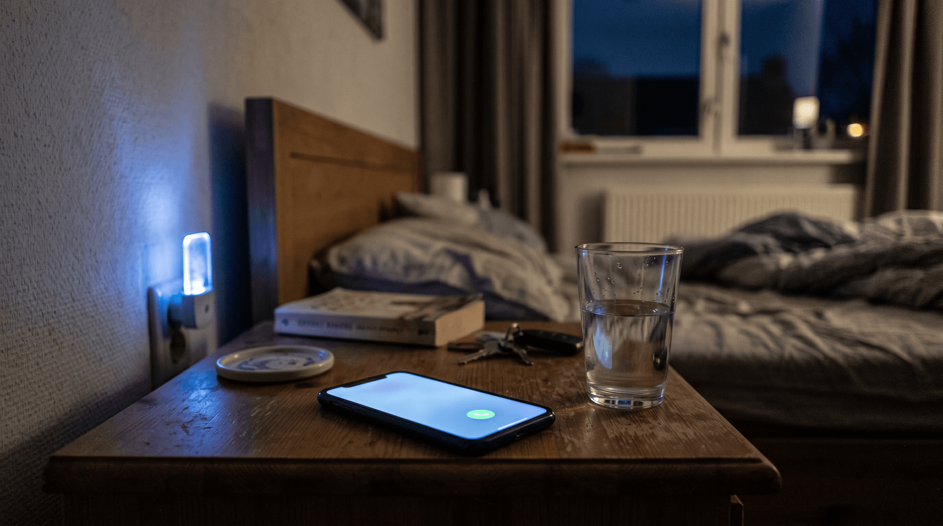 Telefoon op een nachtkastje die 's nachts oplicht, naast een glas water