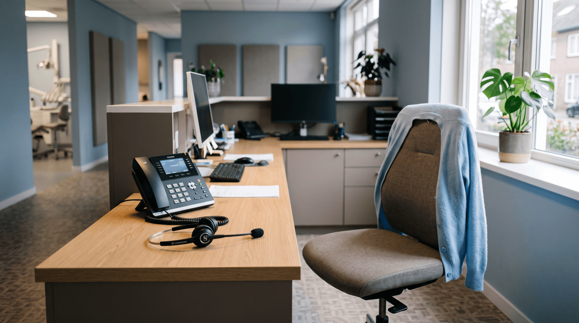 Lege werkplek aan de balie met een headset op het bureau naast een rinkelende telefoon