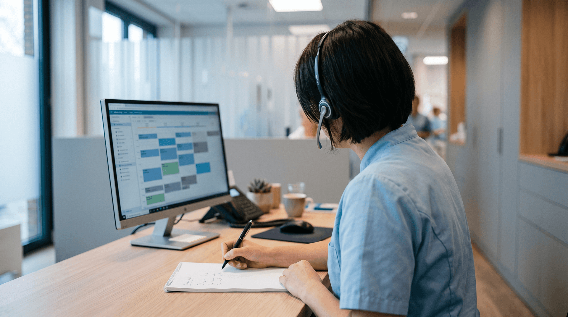 Tandartsassistente met headset maakt aantekeningen tijdens een telefoongesprek met een patiënt