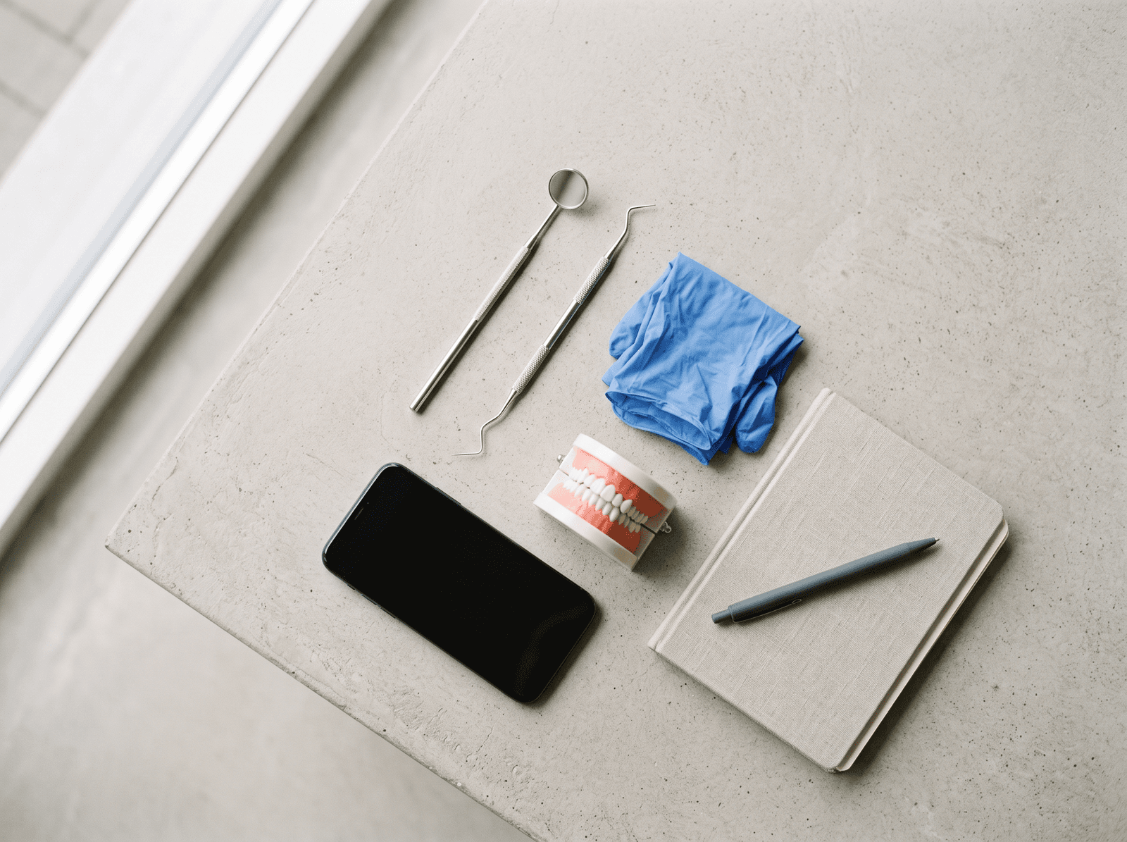 Mondspiegel, sonde, handschoenen, een gebitsmodel en een telefoon naast een notitieboek