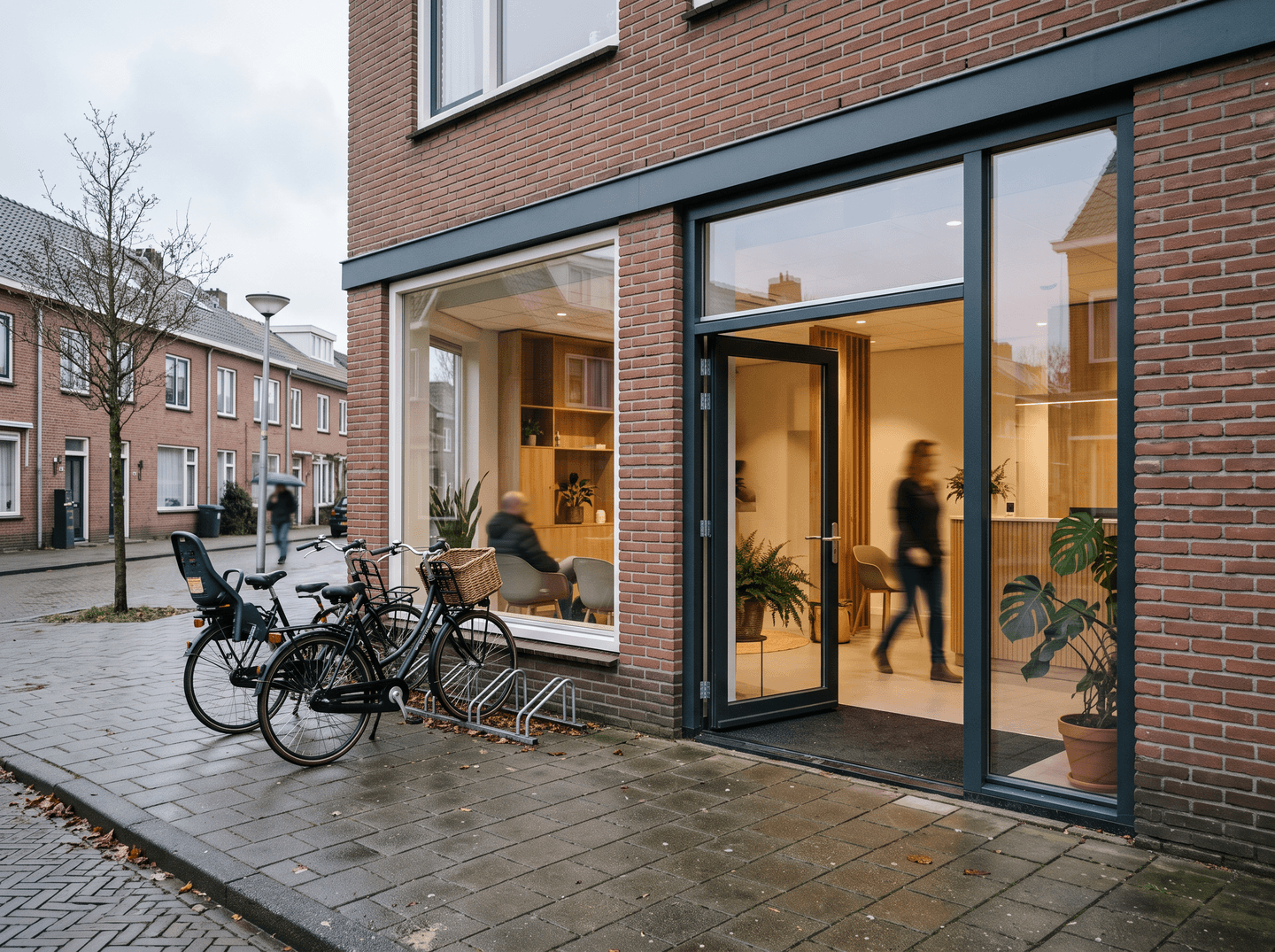 Entree van een kleine tandartspraktijk in een bakstenen pand aan een rustige straat