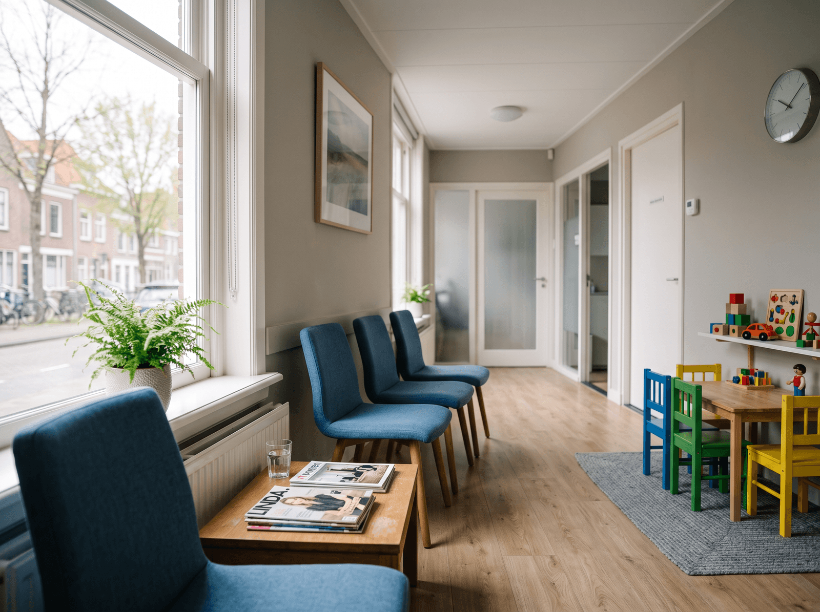 Lege wachtkamer van een tandartspraktijk met stoelen en een kinderhoek
